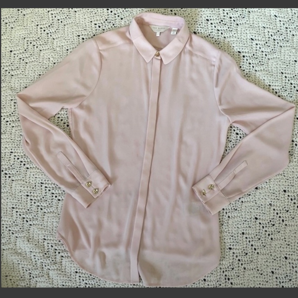 Ted Baker Satin Button Up Long Sleeve Blouse Pink (Size US 4)